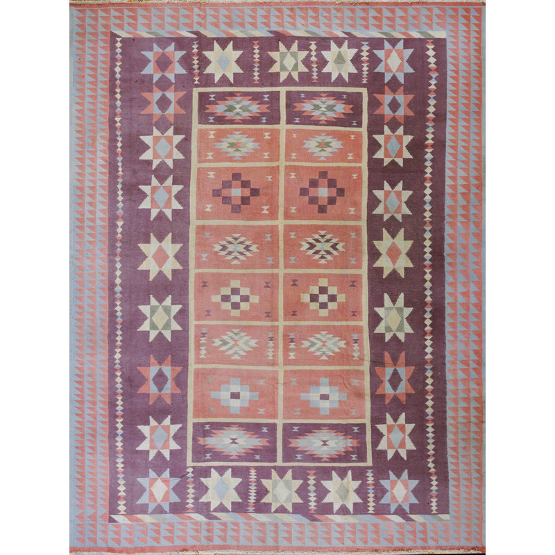 Tapis rétro rétro Mid-Century en coton tissé à plat à motif géométrique indien