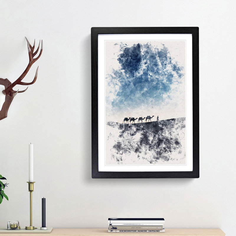 Camels Trekking In Morocco Watercolour - Picture Frame Graphic Art, 63cm H x 45cm W x 2cm D, Black Framed
