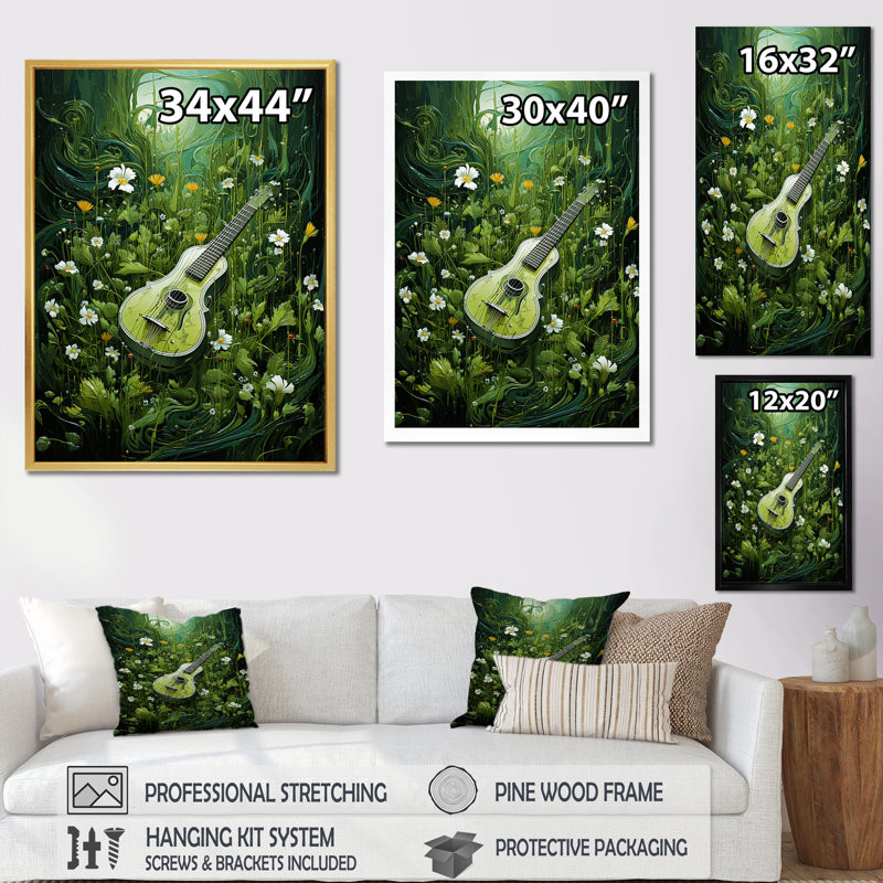 Musique, guitare, gazon vert Meadows, Cadre flottant noir, H 40 po x l 30 po x P 1,5 po