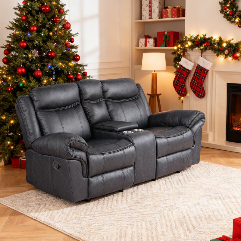 Causeuse inclinable manuelle moderne en similicuir de 79 po de largeur avec porte-gobelets et console de rangement (fauteuil inclinable 2 places) avec siège confortable en mousse et à ressorts ensachés