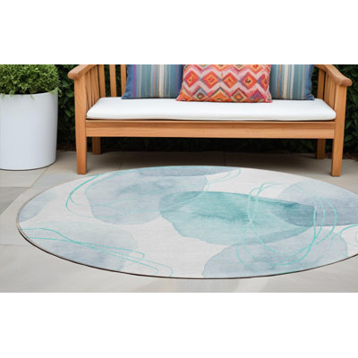 Tapis extérieur rond antidérapant rond 8 pi bleu sarcelle et ivoire