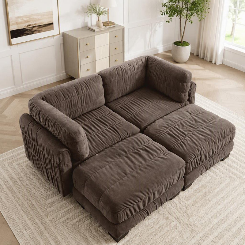 Canapé d'angle modulaire en chenille, 2 poufs amovibles, mousse haute densité, montage facile, 78.7, Brown