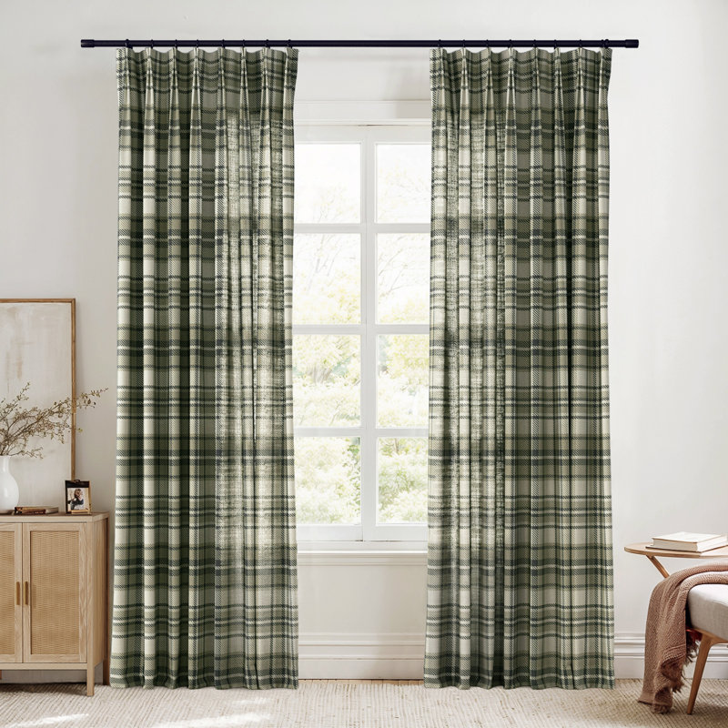 TWOPAGES Unlined Plaid Curtain Gingham Faux Linen Pinch Pleat Curtain, 26" W x 90" L, Latte
