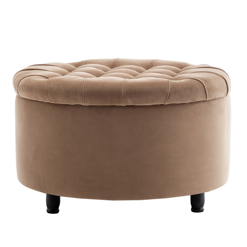 Classic 28-Inch Wide Button Tufted Round Storage Ottoman With Lift-Off Lid, Light Brown