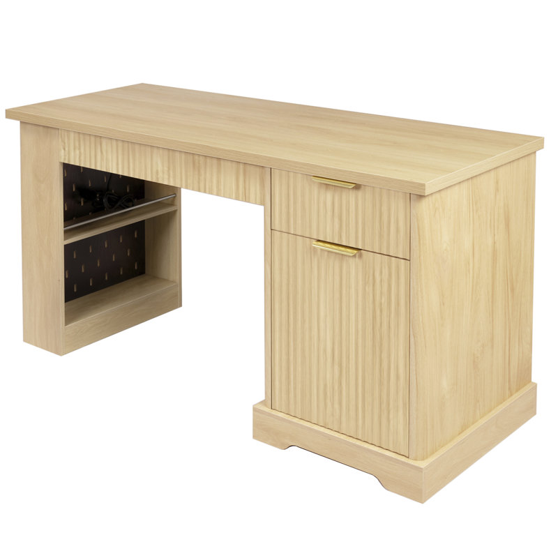 Bureau cannelé moderne de 55 po avec armoire de rangement et tiroirs (tabourets non inclus), Light Oak, Chêne clair
