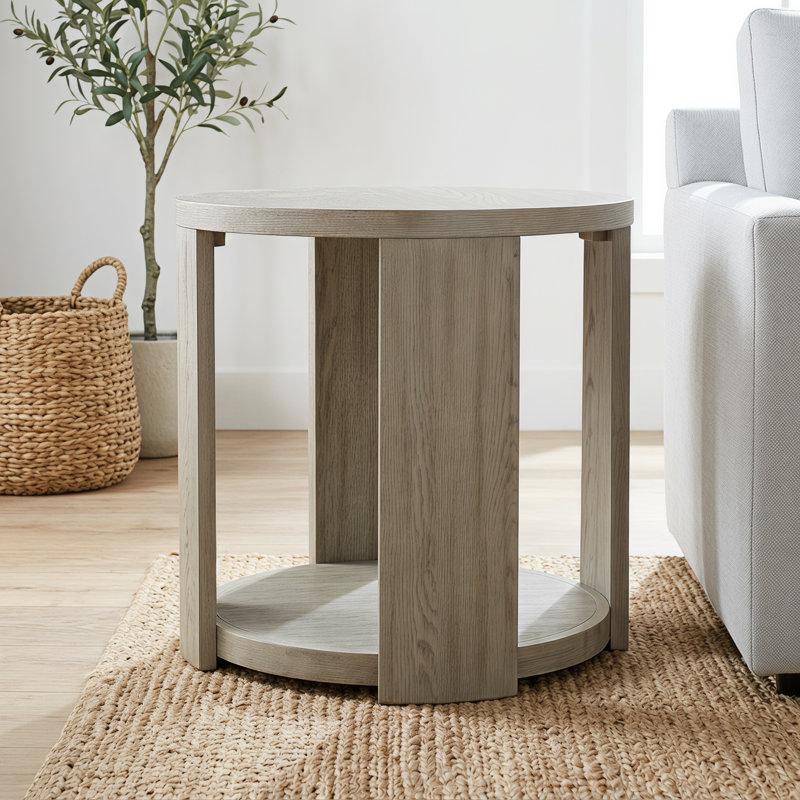 Table de bout d'appoint ronde en placage de chêne de 24 pouces, table d'appoint en bois aggloméré et bois clair patiné avec tablette de rangement inférieure ouverte et structure en bois massif, table de chevet moderne à pieds courbés pour le salon et la chambre à coucher
