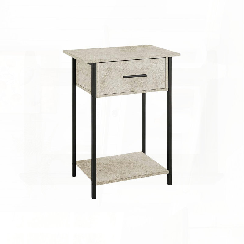 2-Tier Contemporary Accent Table with Drawer and Shelf in Cream Stone, Dark Bronze