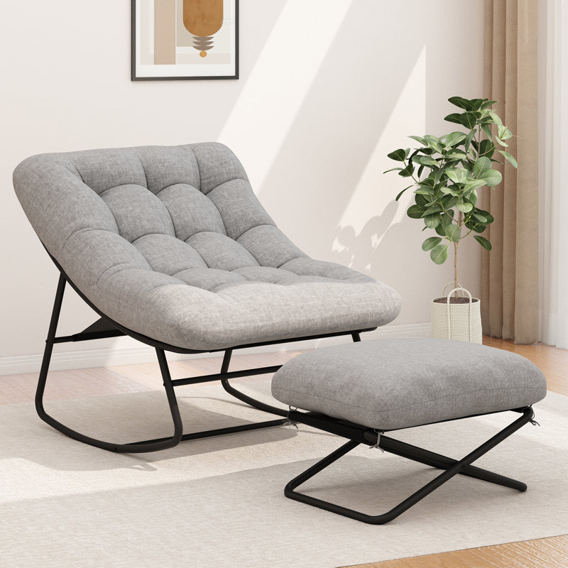 Chaise berçante avec repose-pieds, chaise berçante Papasan avec coussin épais pour patio, porche, balcon et intérieur, gris