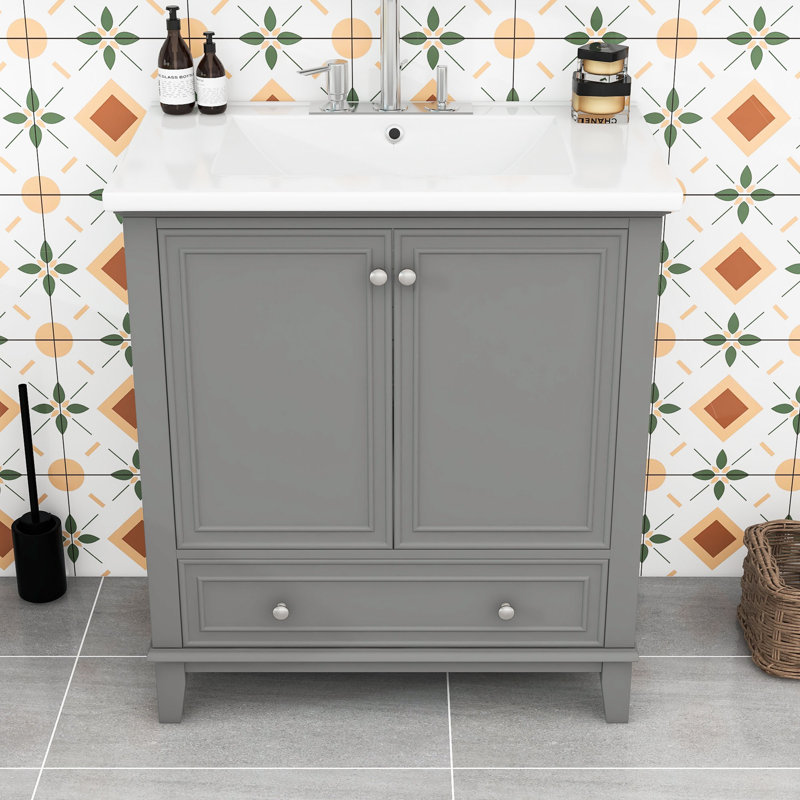 Meuble-lavabo simple 30 po avec plateau en céramique Niyoka, Gris