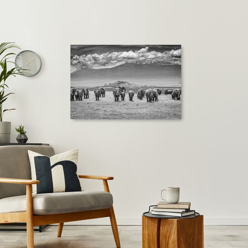 Kilimanjaro Elephant Herd Dramatic Abstract Contemporary Elephant Landscape Mountain Wall Art Print by Jeffrey C. Sink - 1 Piece Wrapped Canvas Wall Art