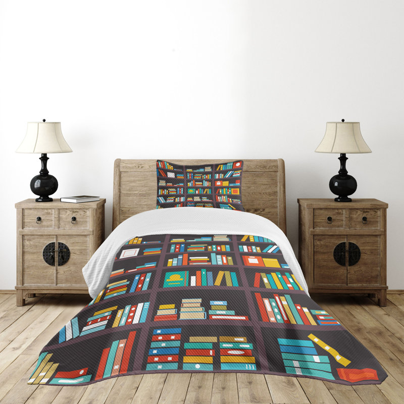Twin White Quilted Bedspread Set with Colorful Books
