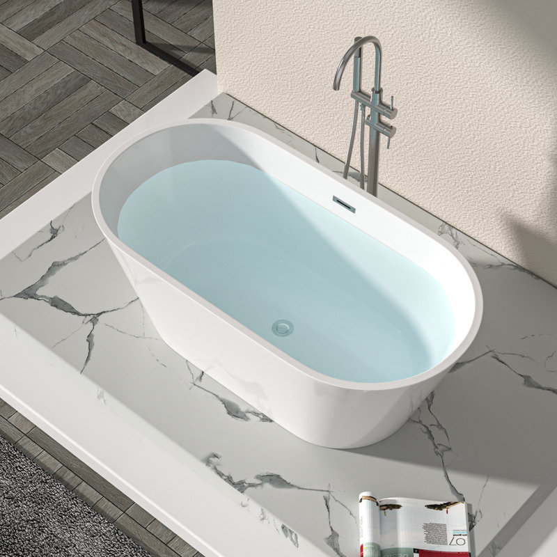 Baignoire de trempage autoportante ovale en acrylique de 59 po x 29,5 po avec bonde escamotable dorée et bonde à trop-plein dorée