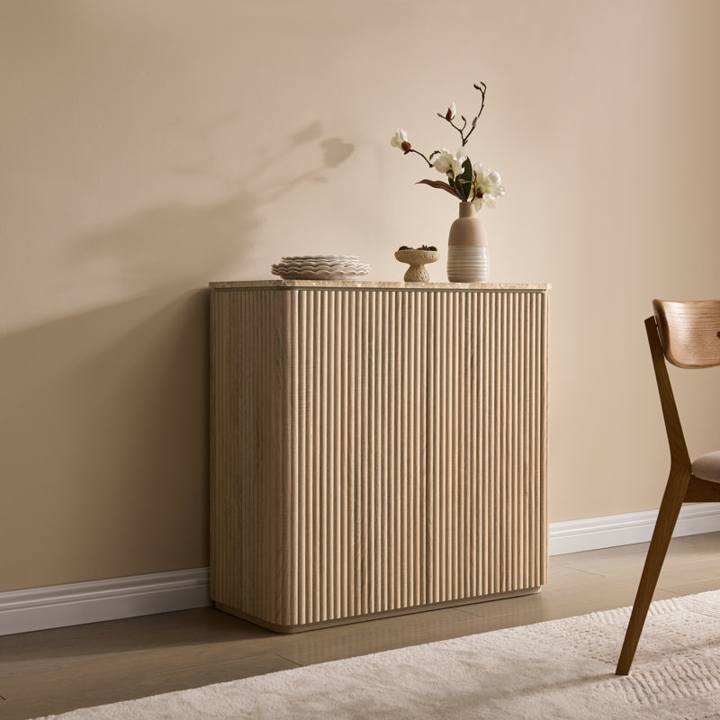 34.4"W Fluted Sideboard with Faux Marble Top & 1.97" Thick Side Panels, 2-Door Buffet Cabinet, Oak