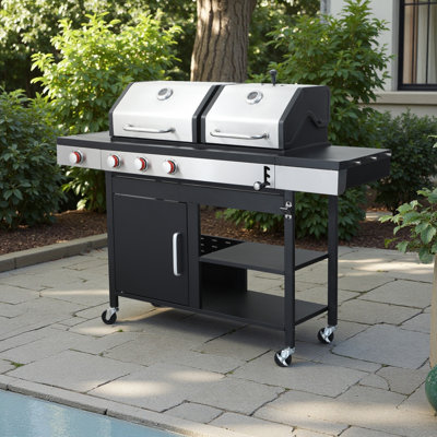3-Burner Propane & Charcoal Combo Grill With Side Burner, 37,230 Btu, Enameled Cast Iron Grids