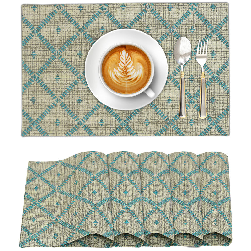 Ruvanti Beige and Blue Cotton Rectangle Placemats Set of 6