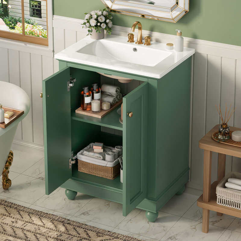 Meuble-lavabo autoportant avec rangement à fermeture douce et tablette et lavabo réglables, Vert