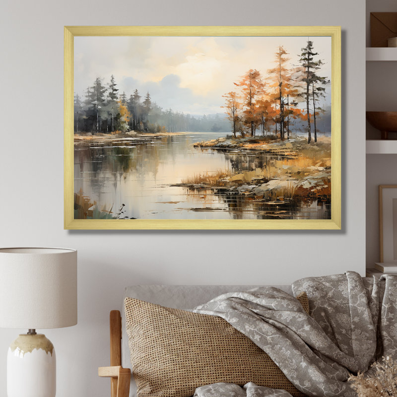 «Lakeside Fall Foliage Serenity II - Lake River», art mural, H 24 po x l 32 po x P 1 po, Cadre doré simple