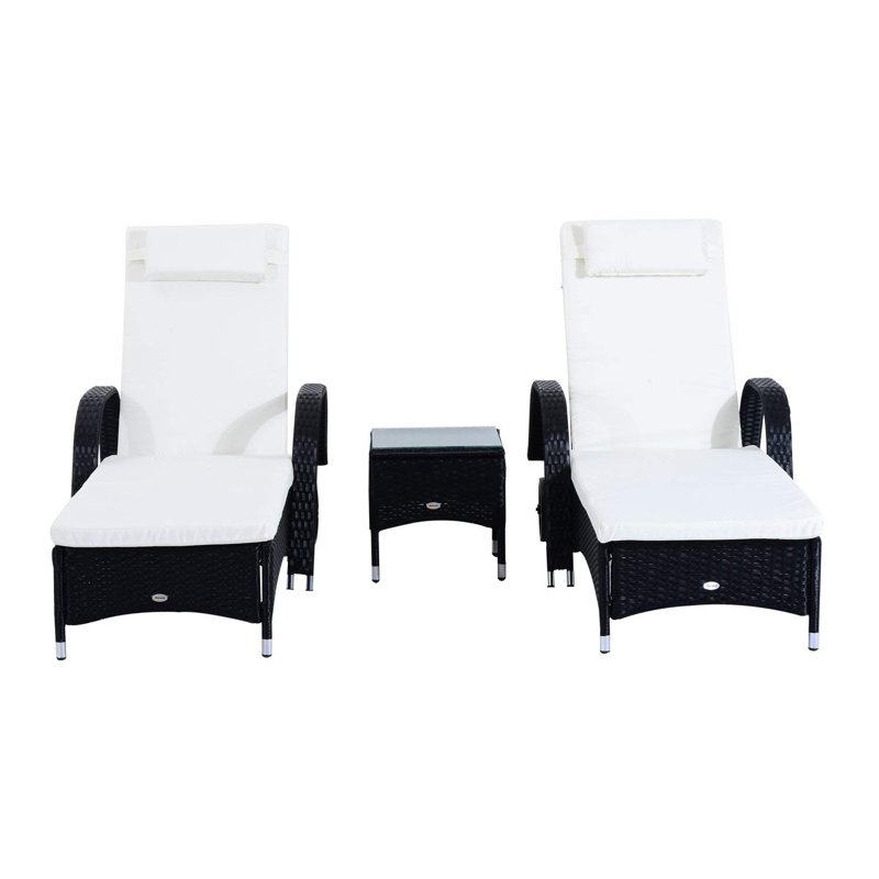 Stutler 200cm Long Reclining Chaise Lounge Set with Cushions and Table, Black/White