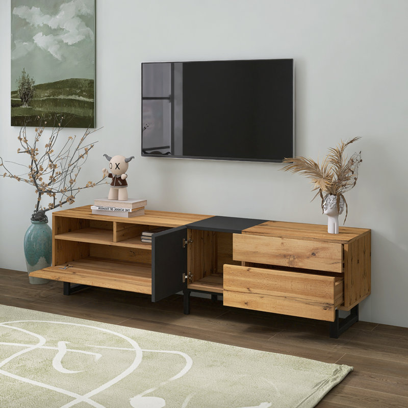 Modern TV Stand for 80'' TV with Double Storage Media Console Table Entertainment Center, Natural Wood/Gray