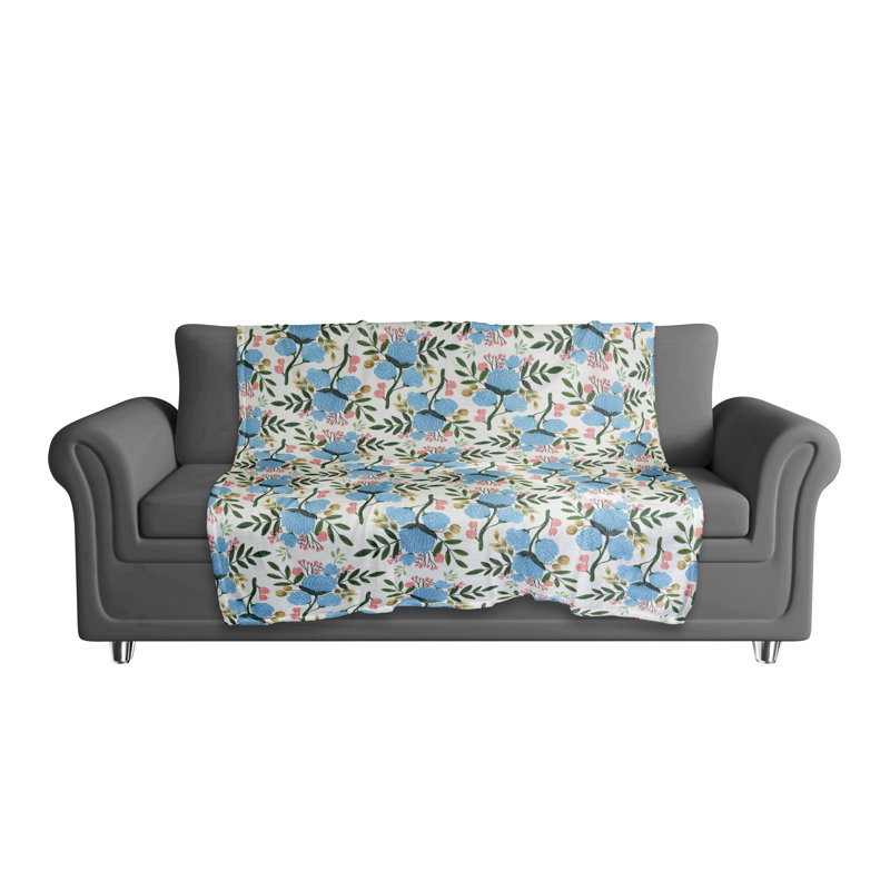 Jeté polaire bleu à motif floral, Blanc