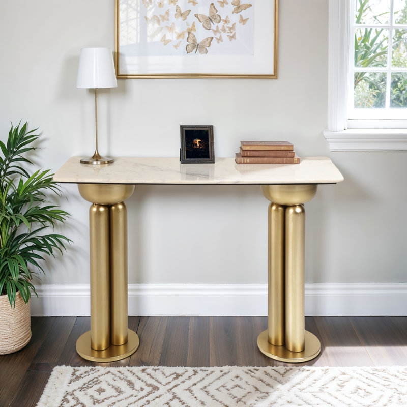 Modern Glam Console Table with Marble Top and Dual Column Metal Iron Wood Base Structure