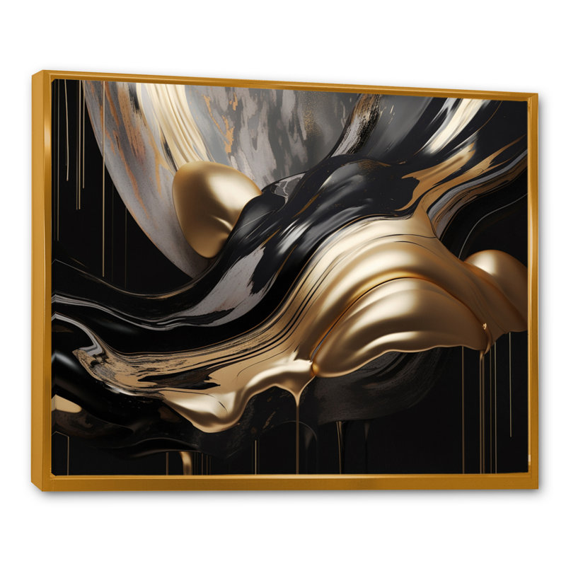 Marbre captivant doré et noir II - art abstrait sur toile marbrée, H 24 po x l 32 po, Reproduction avec cadre flottant, Doré