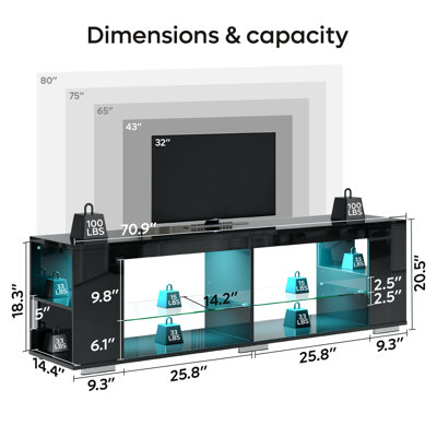 71" High-Glossy TV Stand For TVs Up to 80" Modern TV Console with LED Lights and 4 Open Shelves
