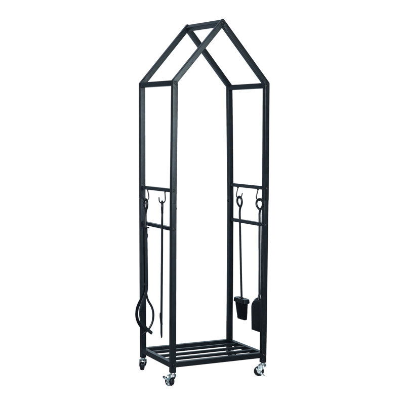 Hagenah 18'' W Metal House Log Rack with Wheels and 4-Piece Fireplace Tool Set