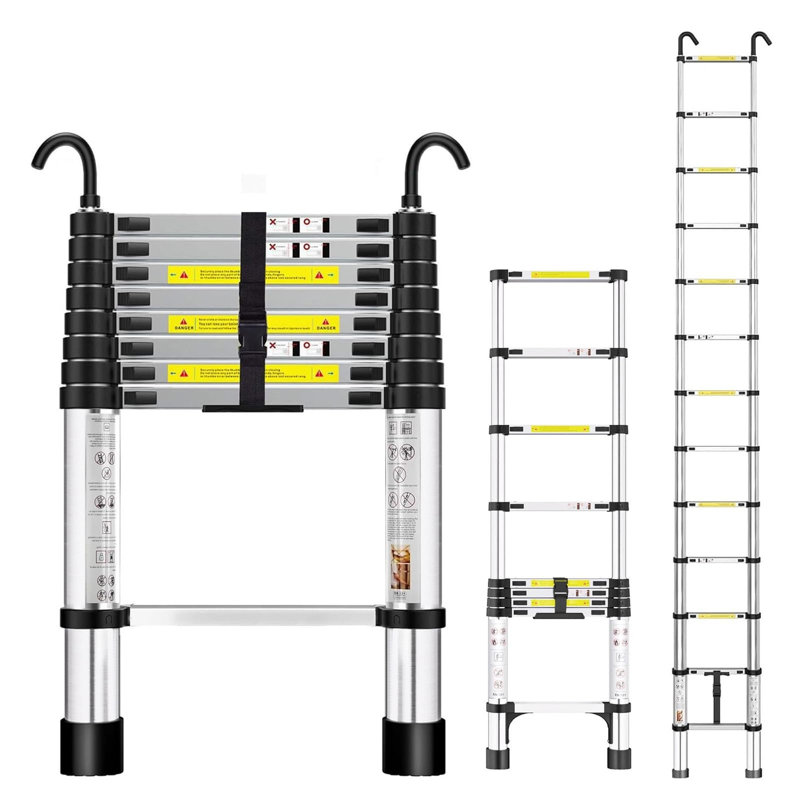 Telescopic Ladder Extendable Ladder 2.6M/8.53FT Stainless Steel Thickened High-Ladders extendable with Non-Slip Feet and Detachable Hooks
