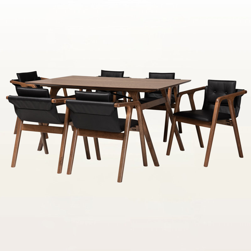 Karalyne 7-Pc Dining Set in Black Imitation Leather Upholstery, 29.5'' H X 21.7'' W X 21.1'' D, Black/Walnut Brown