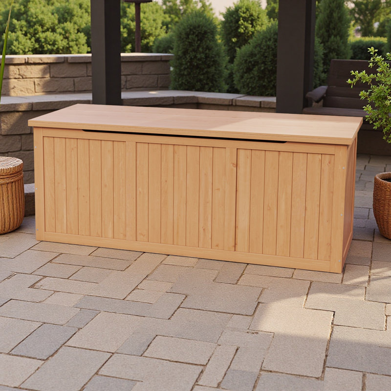 112 Gallon Outdoor Wooden Deck Box Solid Wood Storage Box Seat & Table Top For Patio Furniture Cushions, Pool Toys & Garden Tools (light Brown)