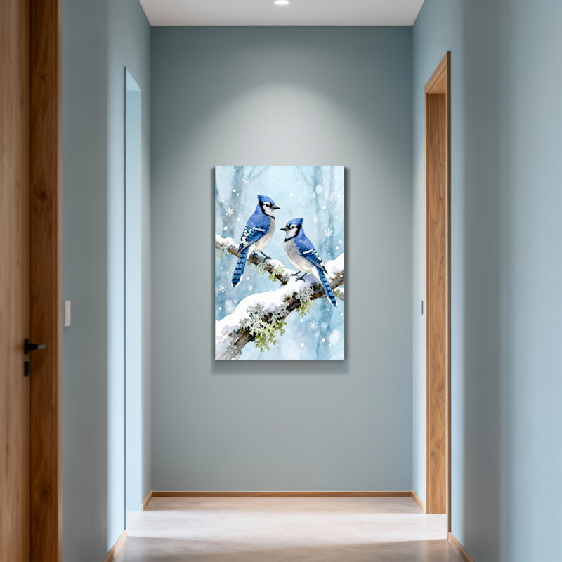 Animaux, geai bleu, oiseaux sur une branche enneigée, scène d'hiver, H 40 po x l 28 po
