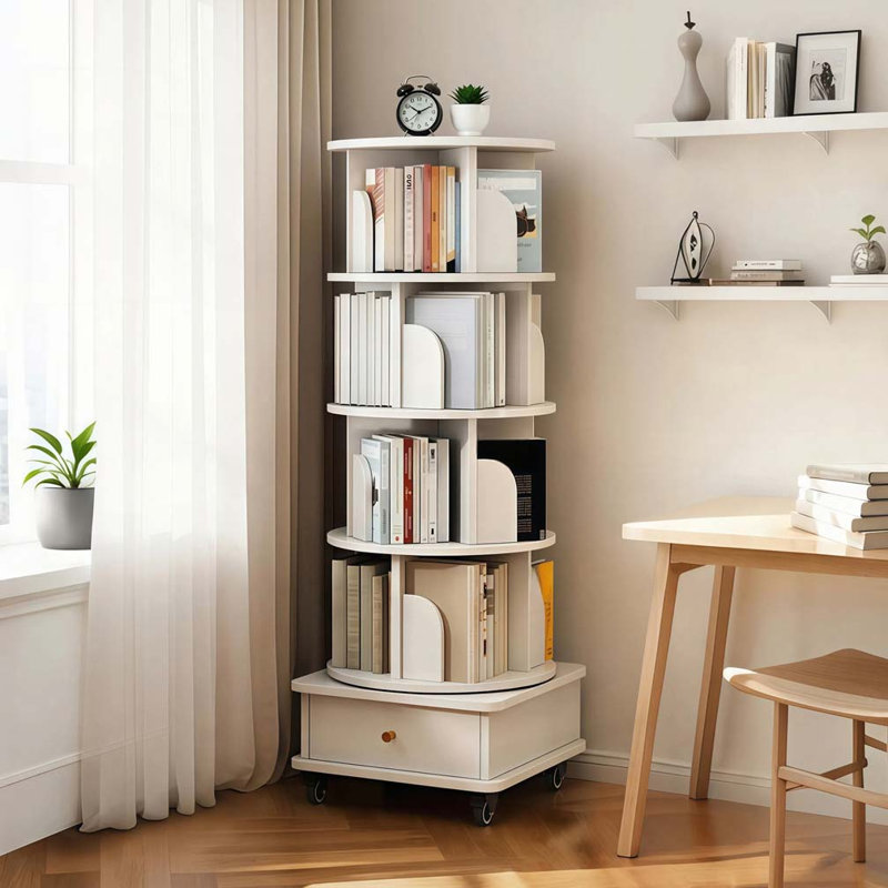 Bibliothèque rotative à 5 niveaux, affichage rotatif à 360 ° avec roulettes et tiroir, Blanc chaud