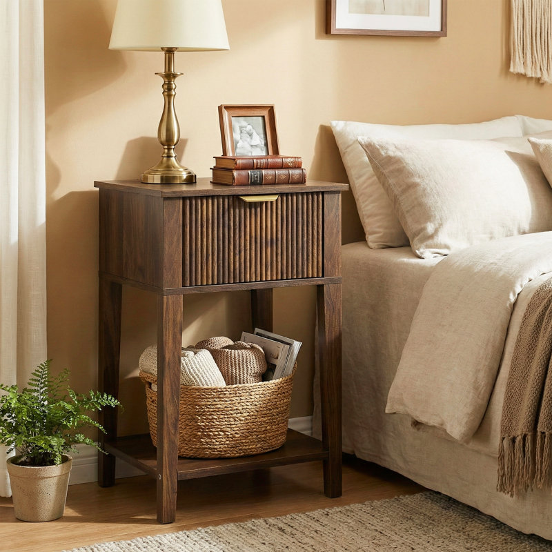Table de bout moderne minimaliste avec tablette de rangement ouverte, Noyer foncé