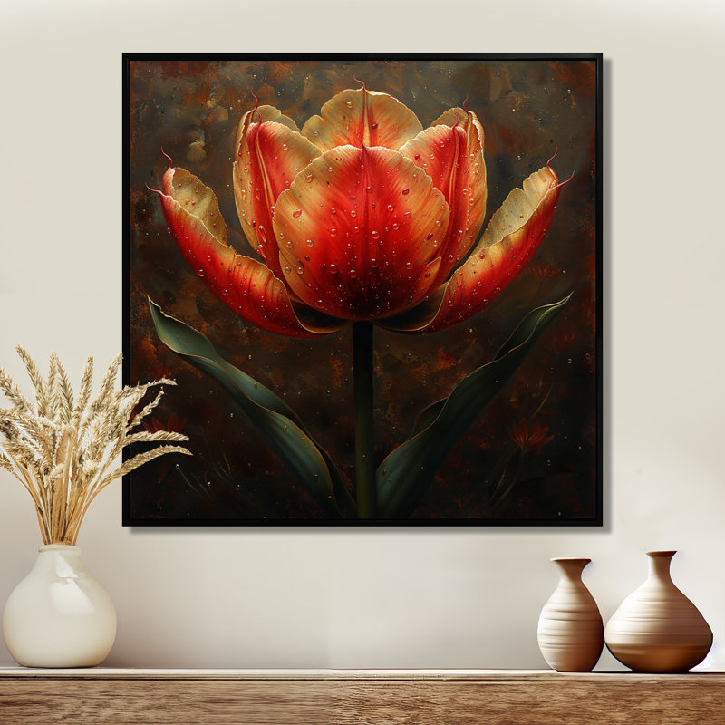 «Red Tulip Red Flower - Tulip», art mural, Toile avec cadre flottant noir, H 16 po x l 16 po x P 1 po
