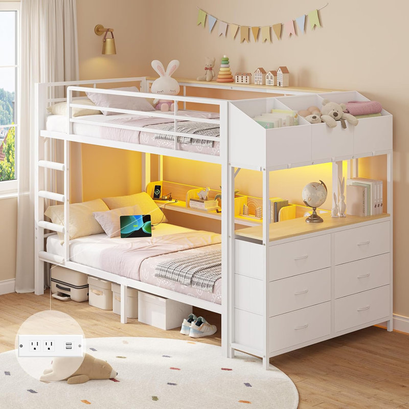 Twin Over Twin Bunk Bed With Led Lights, Charging Station And 6 Storage Drawers, Heavy Duty Metal Bunk Bed With Side Storage Shelves And Boxes For Teen, Twin Bunk Bed Frame With Full-length Guardrail And Ladder, White