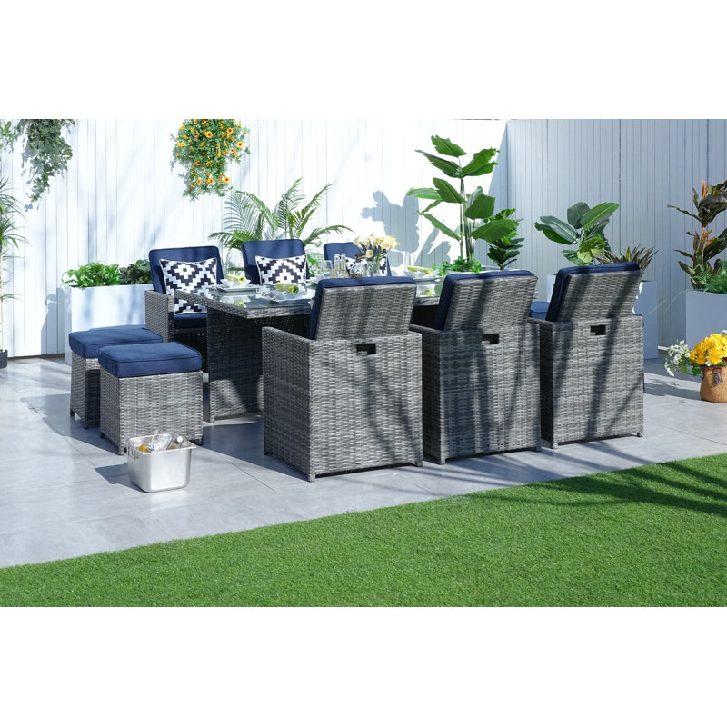 10 - Person Wicker Patio Dining Set with Rectangular Table , Cushions Included, Gray, Navy