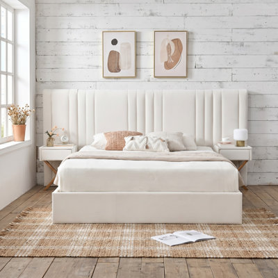 Wide Velvet Upholstered Gas Lift Storage Bed with Integrated Nightstands