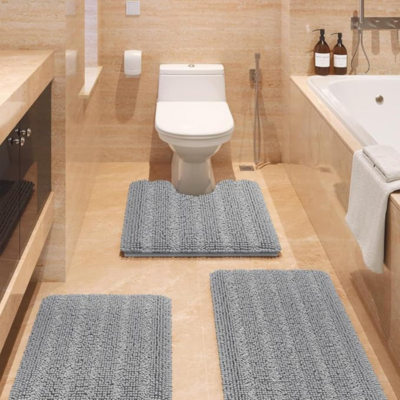 Striped Brown Bathroom Rug Set 3 Pieces Ultra Soft, Non Slip Chenille Toilet Mat, Absorbent Plush Shaggy Bath Mats For Bathroom, Bedroom, Kitchen
