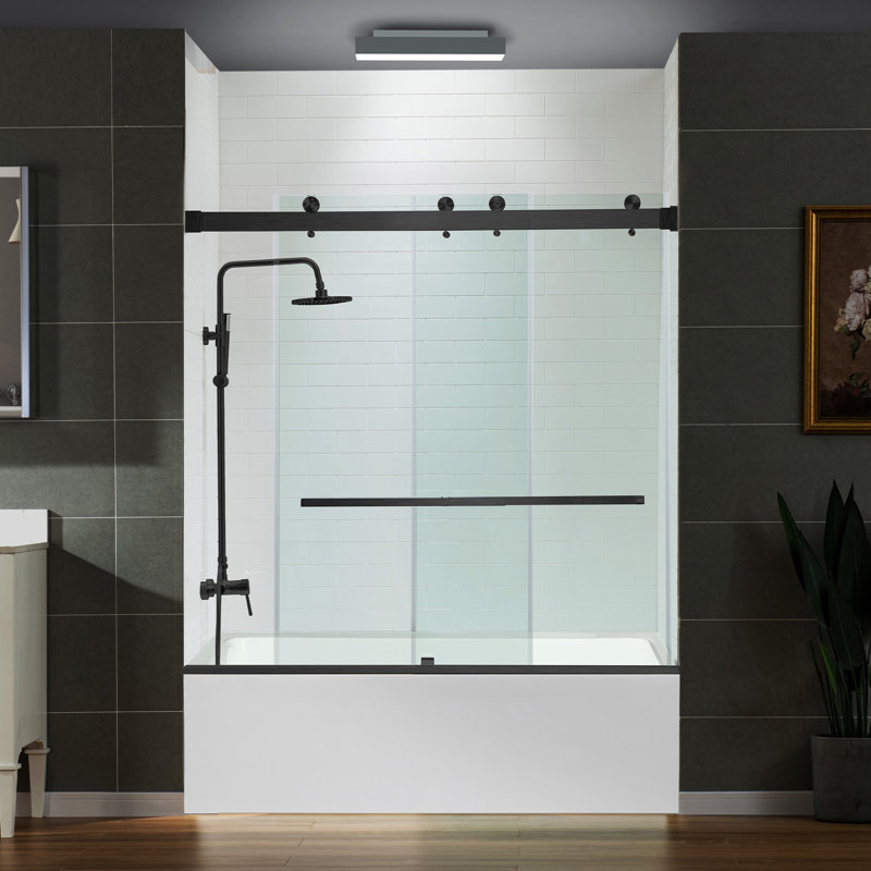 Frameless Bathtub Shower Doors 56-60" Width X 66" Height With 5/16"(8Mm) Clear Tempered Glass,  Double Sliding With Side Seal Strips
