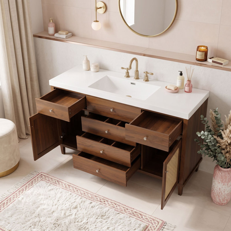 Freestanding Standard Free Standing Single Double Single Vanity Bathroom Vanity With Top, Brown