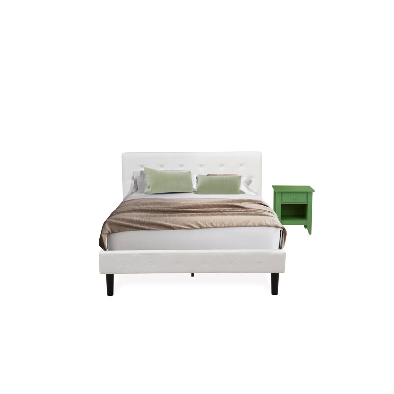 Ensemble de chambre à coucher 2 pièces - Lit plateforme capitonné - Tête de lit tapissier en tissu de velours blanc lin et table de chevet au fini vert trèfle