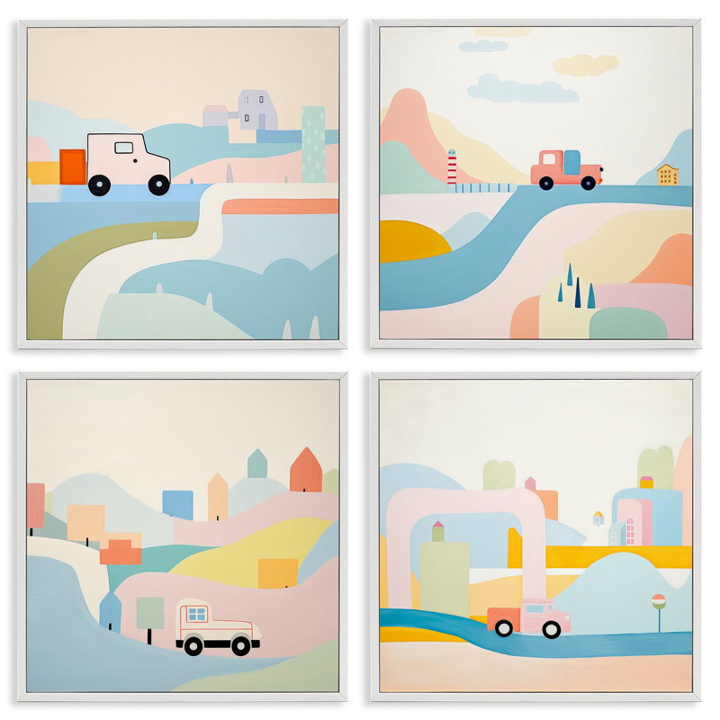  Ensemble de 4 giclées Pastel, H 17 po x l 17 po, Estampe numérique encadrée blanc bord de mer