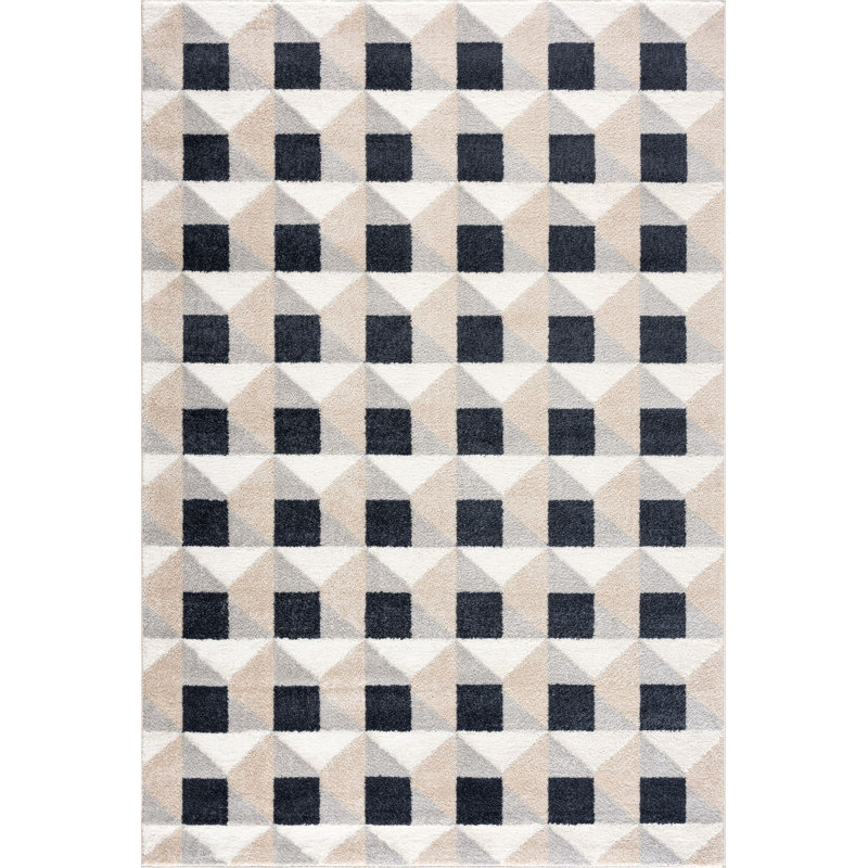 Gradislava NUE100A Square Grid Pattern Cream Black Area Rug, Rectangle 5'3" x 7'6"