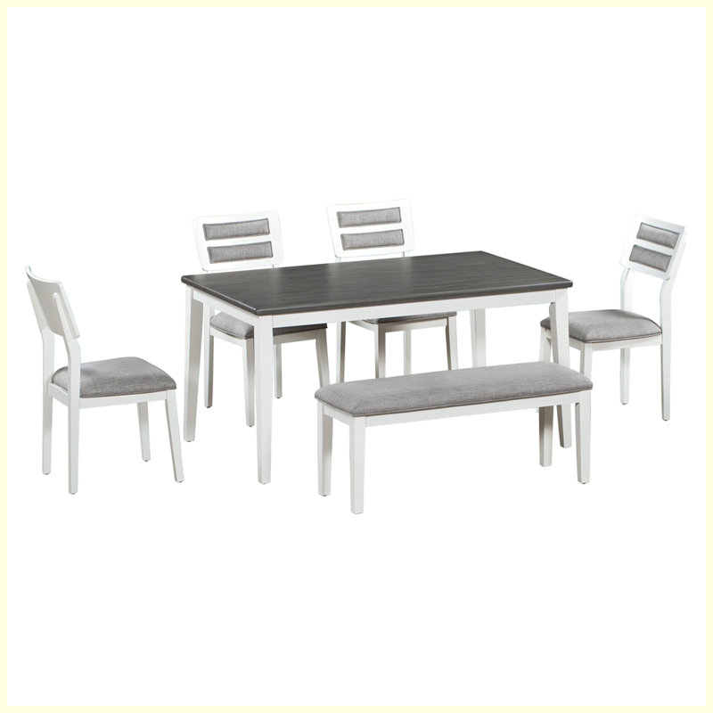 Ensemble de salle à manger 6 pièces de style classique et traditionnel avec 4 chaises rembourrées et un banc, Blanc, Gris