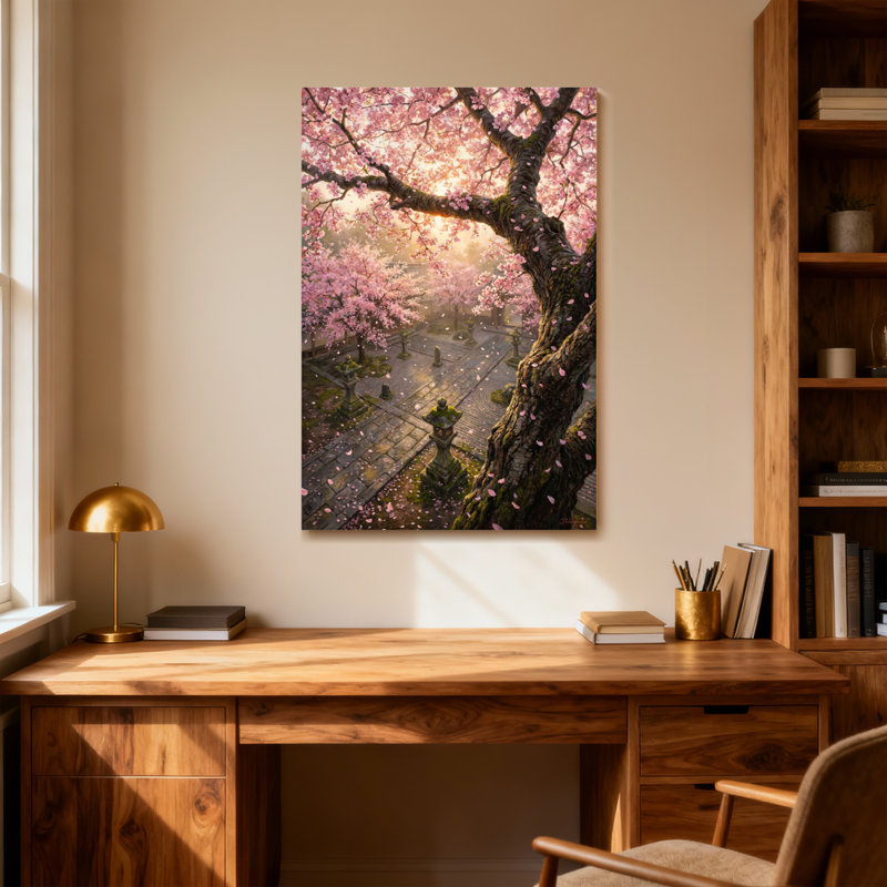 Scène de sentier de jardin avec plantes et fleurs de cerisier, H 18 po x l 12 po