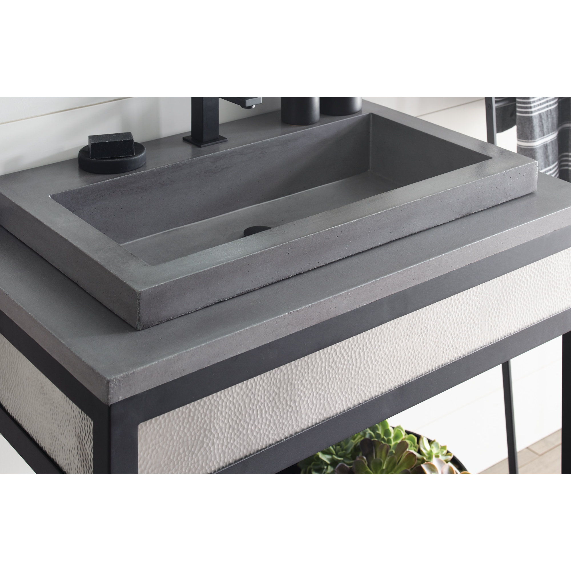 Trough Handmade Rectangular Drop-In Bathroom Sink, Slate, Single Faucet Hole