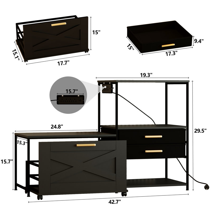 Mini-support de réfrigérateur avec rangement, micro-ondes et support de boulanger avec prise de courant, support de boulanger avec tiroirs, tablette de bar à café, mini boulanger de cuisine (noir)