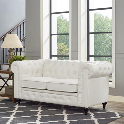 Mythili Chesterfield Faux Leather Loveseat, Rolled Arms Loveseat, sofa couch with Wooden Legs