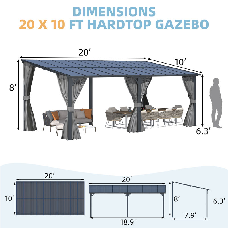 Pergolas murales avec rideaux et filet Lean-To, H 96 po x l 240 po x P 120 po